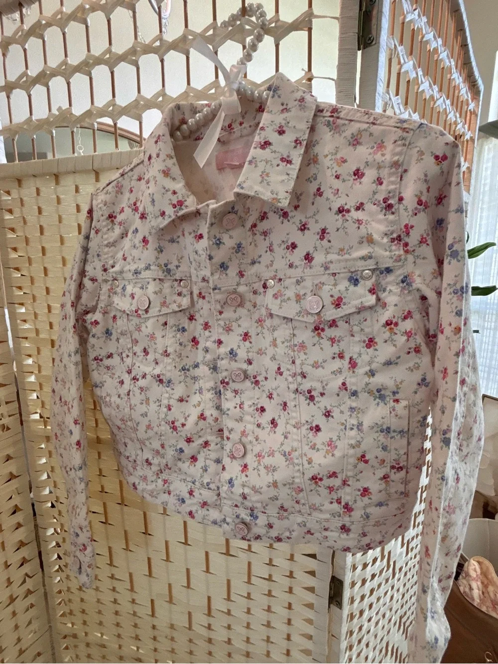 LoveShackFancy Pink Floral Jean Jacket